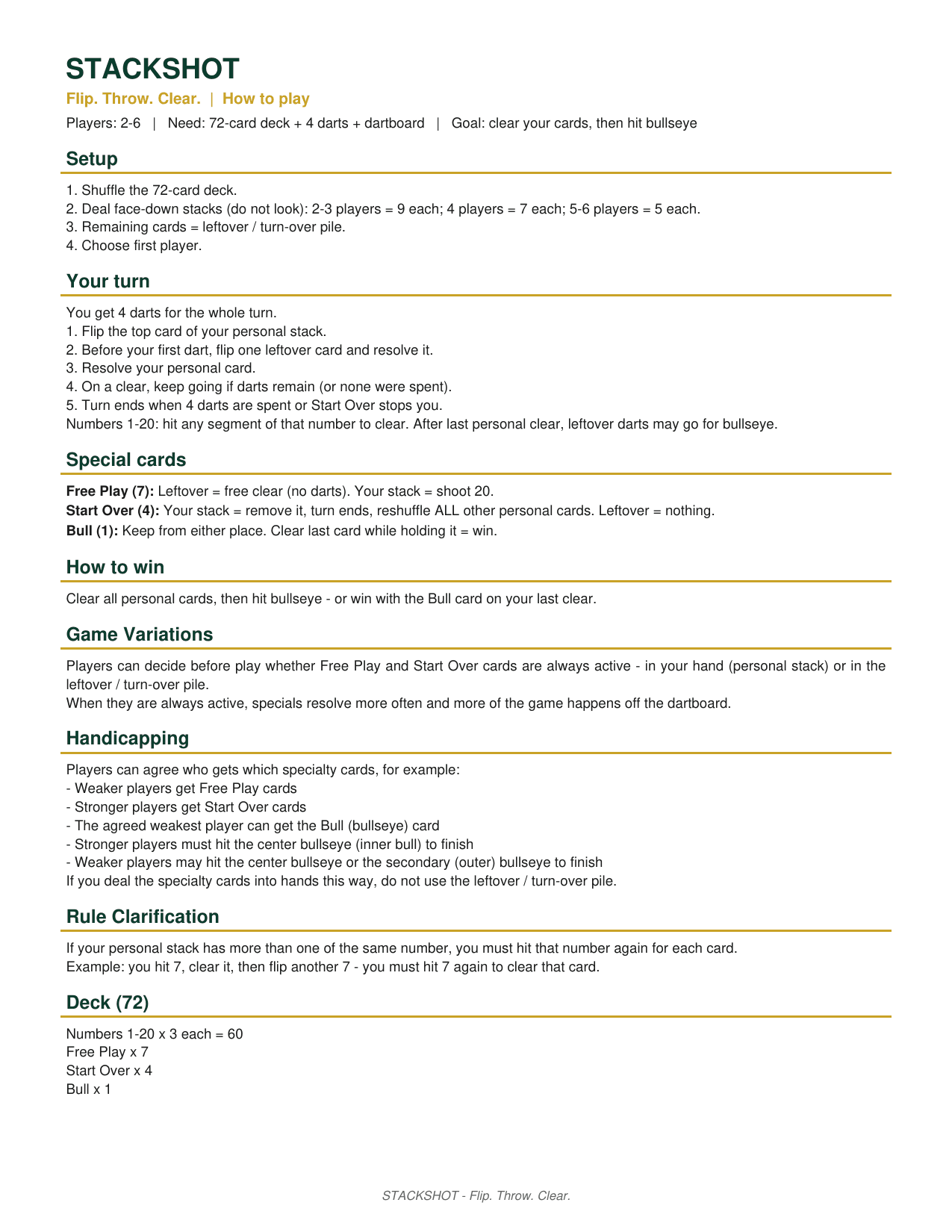 STACKSHOT official rules sheet — Flip. Throw. Clear. Players 1–6